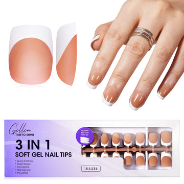 Gellen French Tips Press on Nails - 150 Pcs Brown Short Square, Salon Acrylic Press on Nails Soft Gel Nail Tips, 15 Sizes Fake Nails 3 in 1 Pre-french French Tips Full Cover Tips for Nail Art