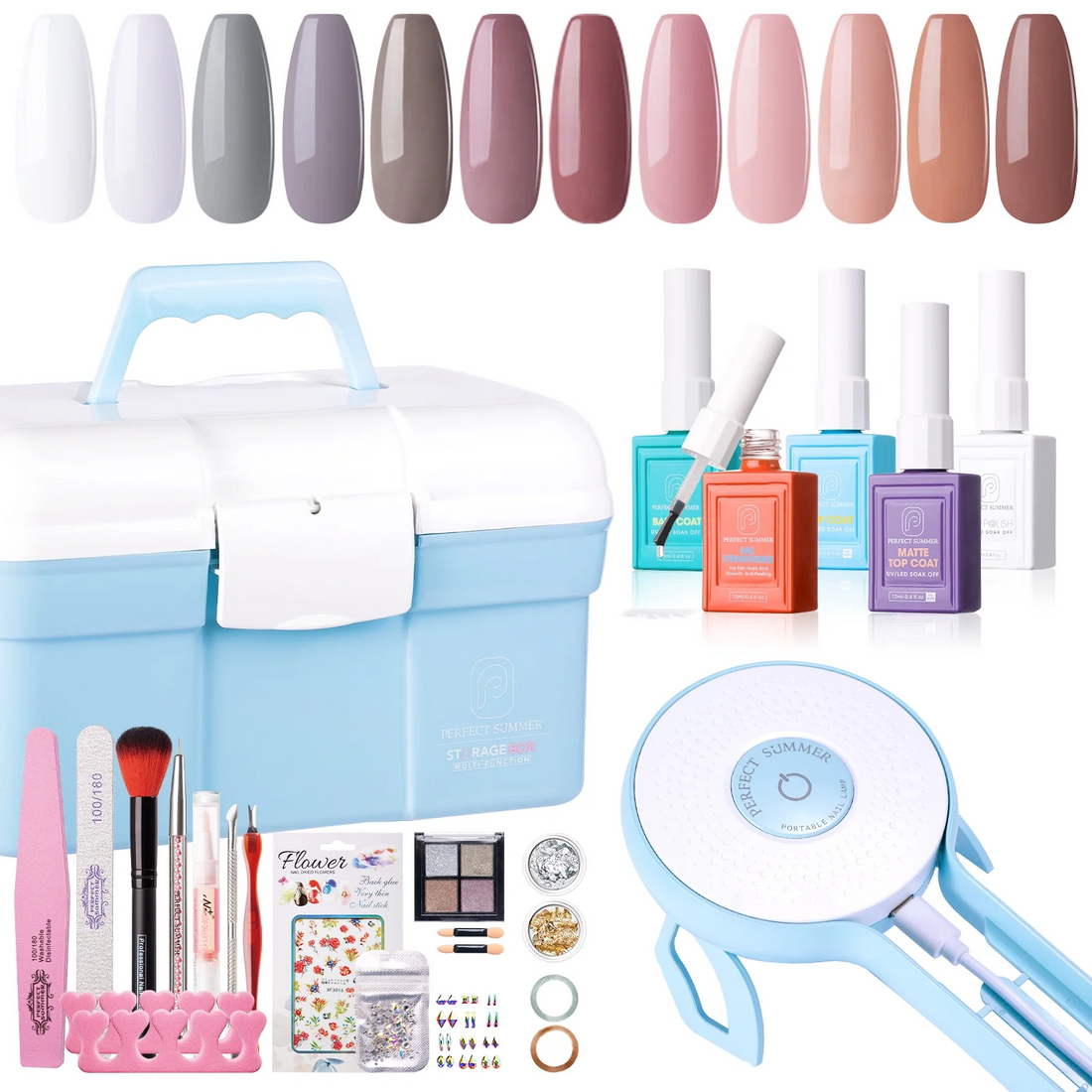 Perfect Summer Gel Nail Polish Kit with UV Lamp, Portable Nail Light Starter Kit with Storage Box, Base Top Coat Nail Strengthen gel, 12 Nude Pink Brown Grey Colors, All-in-One Manicure Set