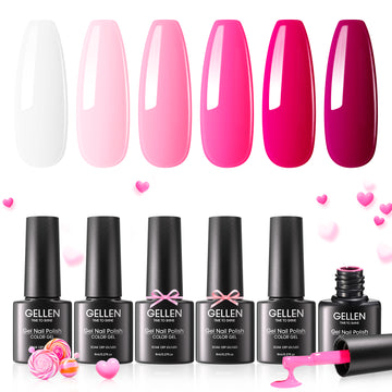 Gellen Pink Gel Nail Polish, 6 Colors Hot Pink Baby Pink White Gel Polish Set Neon Pink Light Pink Soak Off Nail Gel Kit for Valentine's Day Nail Art Home Diy Manicure