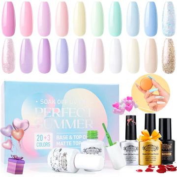 Perfect Summer Gel Nail Polish Kit, 20 Colors Gel Polish Macaron Soft Mist UV Nail Polish Gel Set with Glossy Base Top Coat Matte Coat, Manicure DIY Salon Nail Art Gift for Women Girls