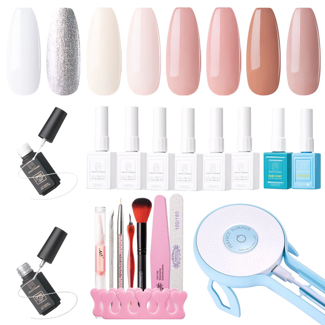 Perfect Summer Gel Nail Polish Kit with UV Lamp, 6 Colors and No Wipe Top Base Coats, 36W Portable UV Light, 2pcs Liner Gel, Manicure Tools Nail Kit, All-in-One Kit