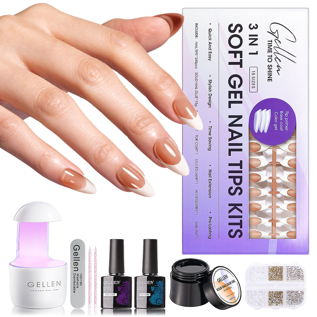 Gellen French Tips Gel Nail Kit - 240 Pcs Brown Almond, Salon Acrylic Nail Kits Including Gel Top Coat and Base Coat, UV Lamp, Solid Nail Glue Gel, Nail Charms for French Tip Manicure