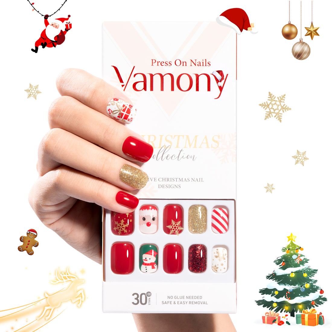 Vamony Short Square Press on Nails, Fake Nail Tips Kit with Adhesive Tabs, Mani Sticks and Files, 30 Count Xmas03 French False Nails Set Gift for Girls Women