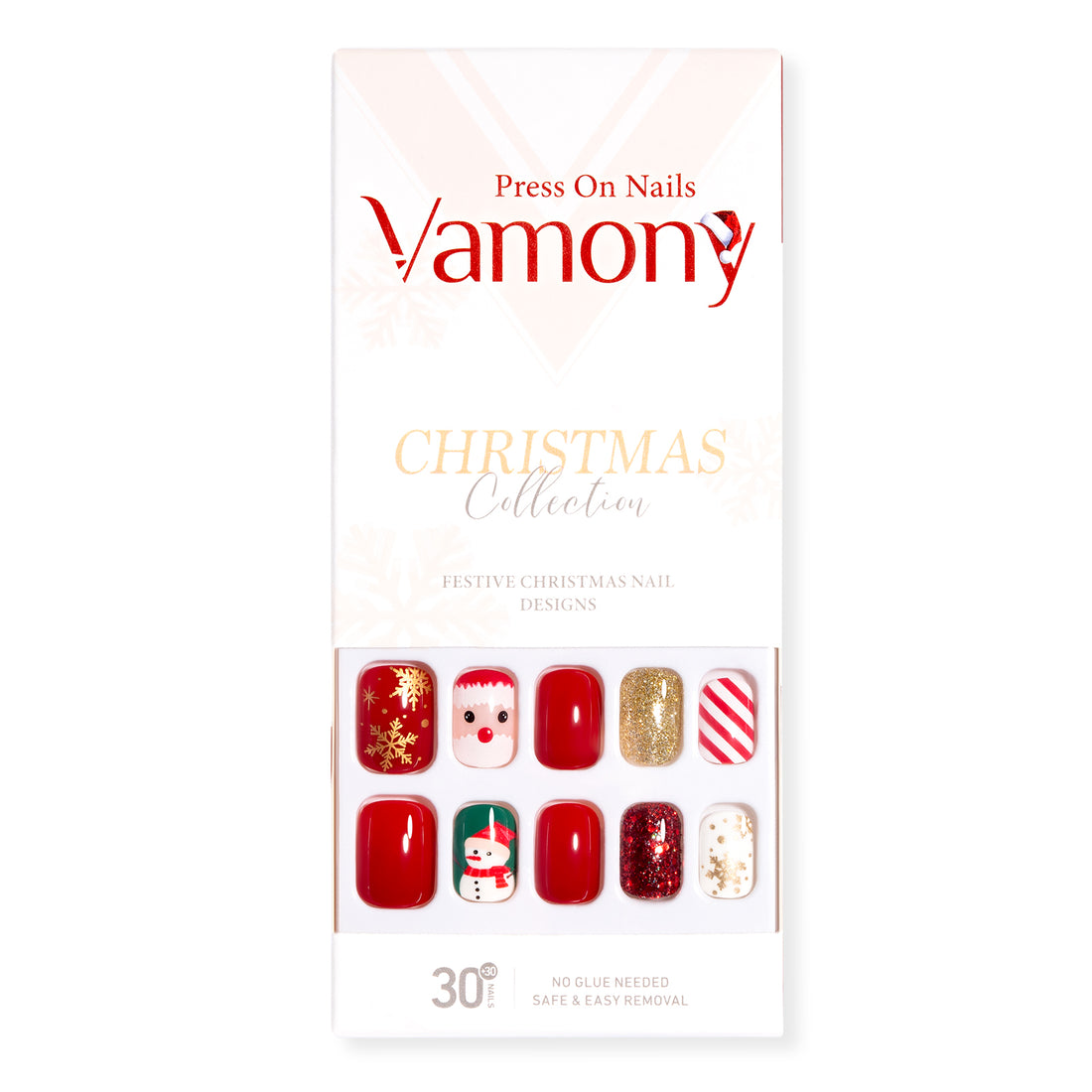 Vamony Short Square Press on Nails, Fake Nail Tips Kit with Adhesive Tabs, Mani Sticks and Files, 30 Count Xmas03 French False Nails Set Gift for Girls Women