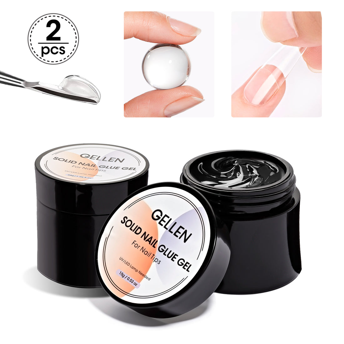 Gellen Solid Nail Glue Gel for Fake Nails, 2Pcs 15g Strong Solid Glue for Salon Nail Art UV/LED Cure Nail Prep for Press-on Nails