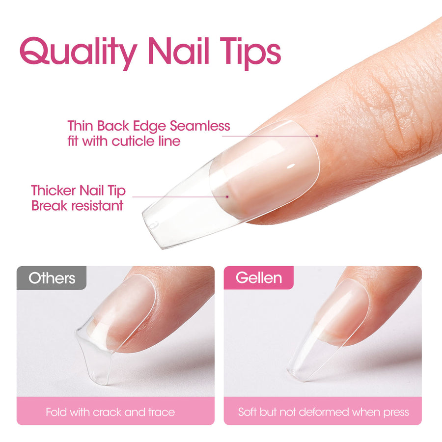 Gellen Medium Coffin Fake Nail Tips for Press on Nails, 504Pcs Soft Gel Tips for Nail Extensions Full Cover Pre-shaped 12 Sizes Clear False Nails for Nail Art