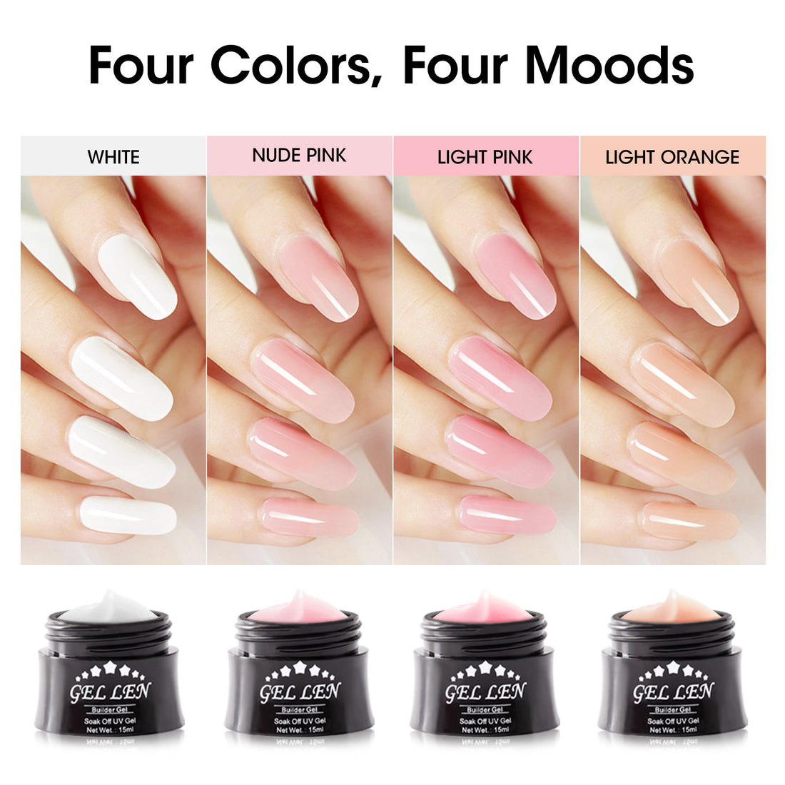 Gellen Builder Nail Gel, 4 Colors Nail Extension Gel Set White, Nude Pink, Light Pink, Light Orange Hard Gel Builder Nail Extension for Nail Art