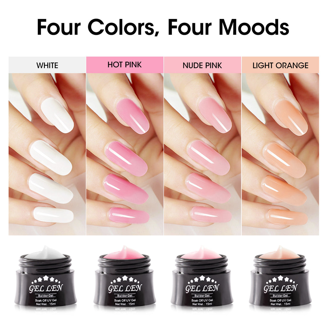 Gellen Builder Nail Gel, 4 Colors Nail Extension Gel Set White, Hot Pink, Nude Pink, Light Orange Hard Gel Builder Nail Extension for Nail Art
