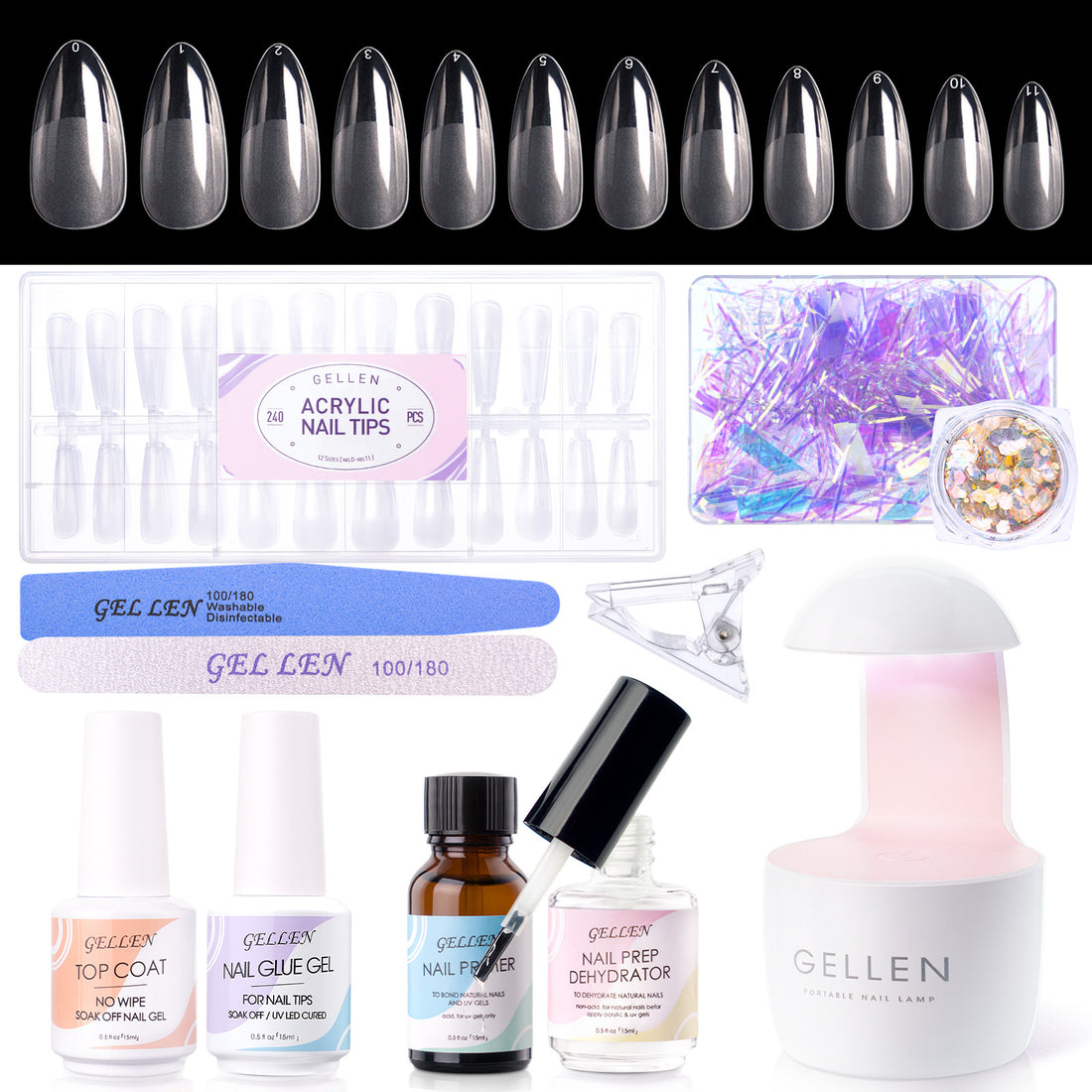 Gellen Nail Tips and Glue Gel Kit, False Nail Set with 240Pcs Half Matte & Glossy Almond Acrylic Fake Nails, Nail Glue Base Gel and LED Nail Lamp