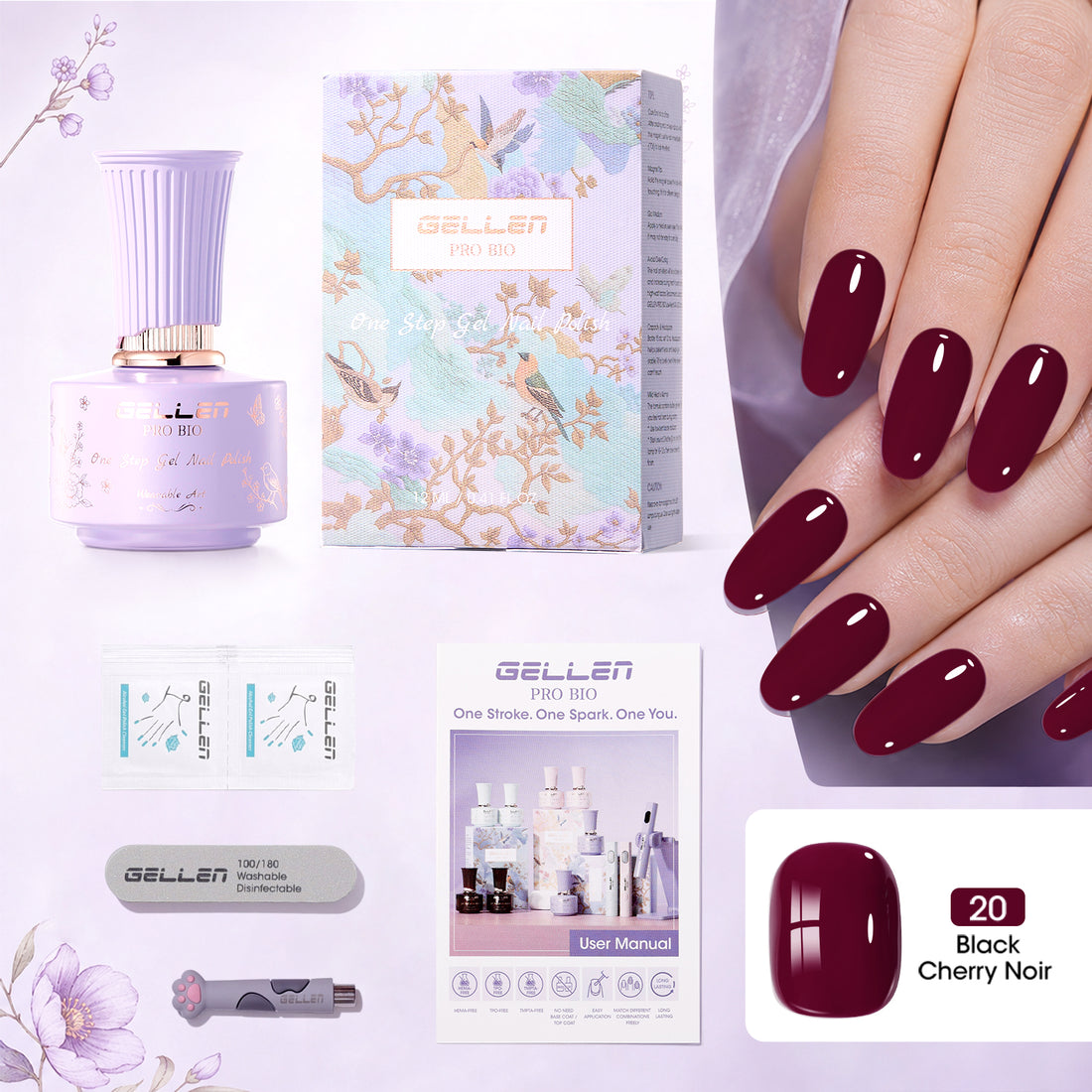 Gellen One Step Cat Eye Gel Nail Polish, 5-in-1 Magnetic Gel Polish Set, UV Lamp Needed Cured, No Base Top Needed, DIY Manicure for Women Beginners, 20 Deep Black Cherry Burgundy