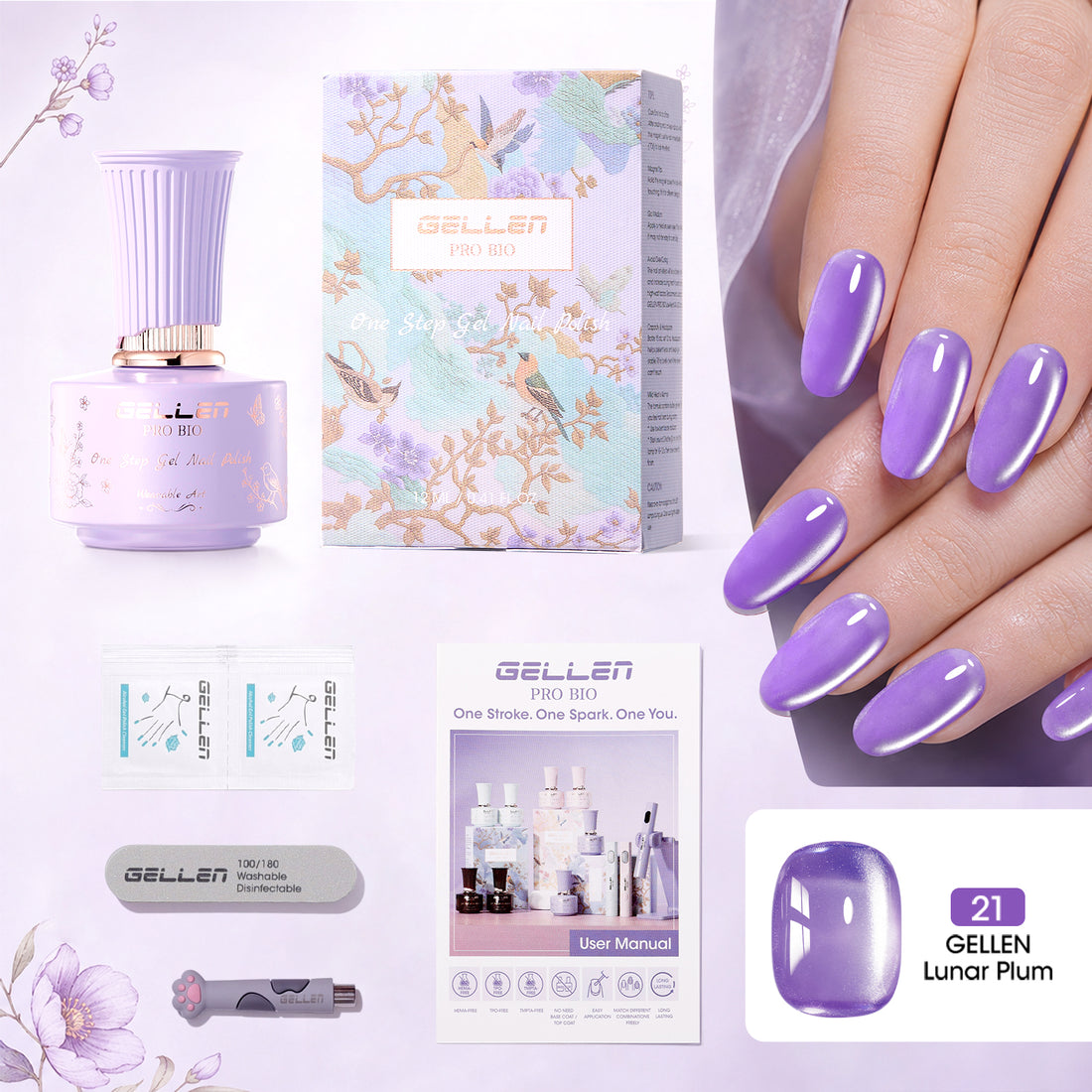 Gellen One Step Cat Eye Gel Nail Polish, 5-in-1 Magnetic Gel Polish Set, UV Lamp Needed Cured, No Base Top Needed, DIY Manicure for Women Beginners, 21 Sheer Lavender Purple