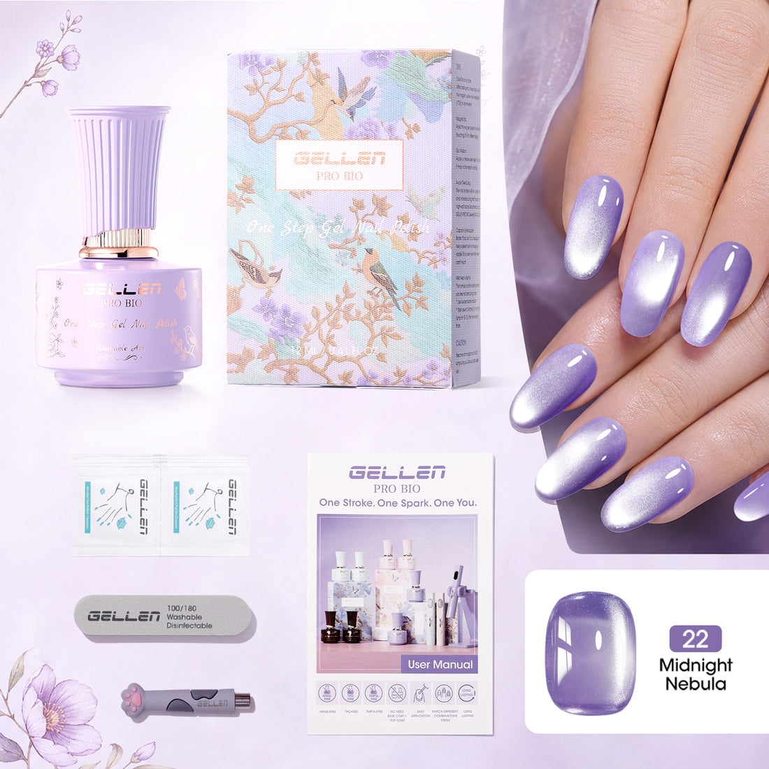 Gellen One Step Cat Eye Gel Nail Polish, 5-in-1 Magnetic Gel Polish Set, UV Lamp Needed Cured, No Base Top Needed, DIY Manicure for Women Beginners, 22 Sheer Nebula Lavender