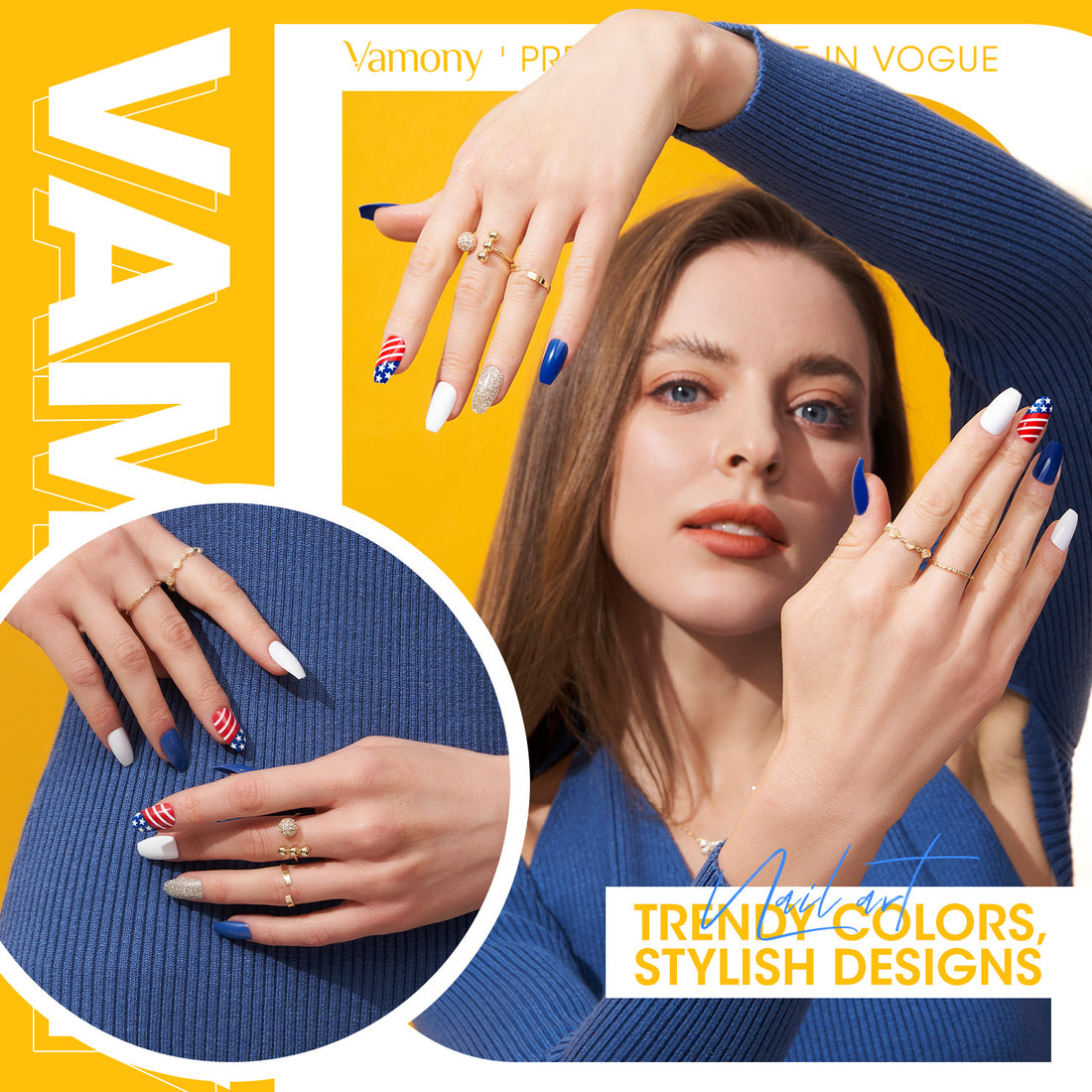 Vamony Short Coffin Press on Nails, 112 Pcs Fake Nail Tips Kit with Adhesive Tabs, Mani Sticks and Files, 4×28 Count Blue White French False Nails Gift for Girls Women