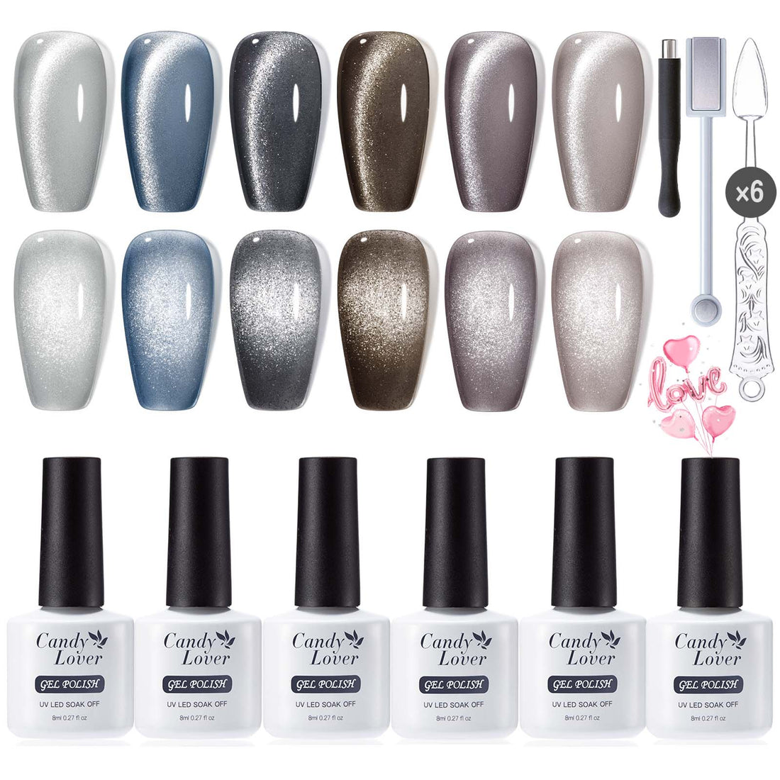 Candy Lover Cat Eye Gel Nail Polish Kit, 6 Grey Dark Holographic Glitter Colors Gel Polish Set with 2 Magnets, Soak Off UV LED Nail Polish, Gift Set for Women