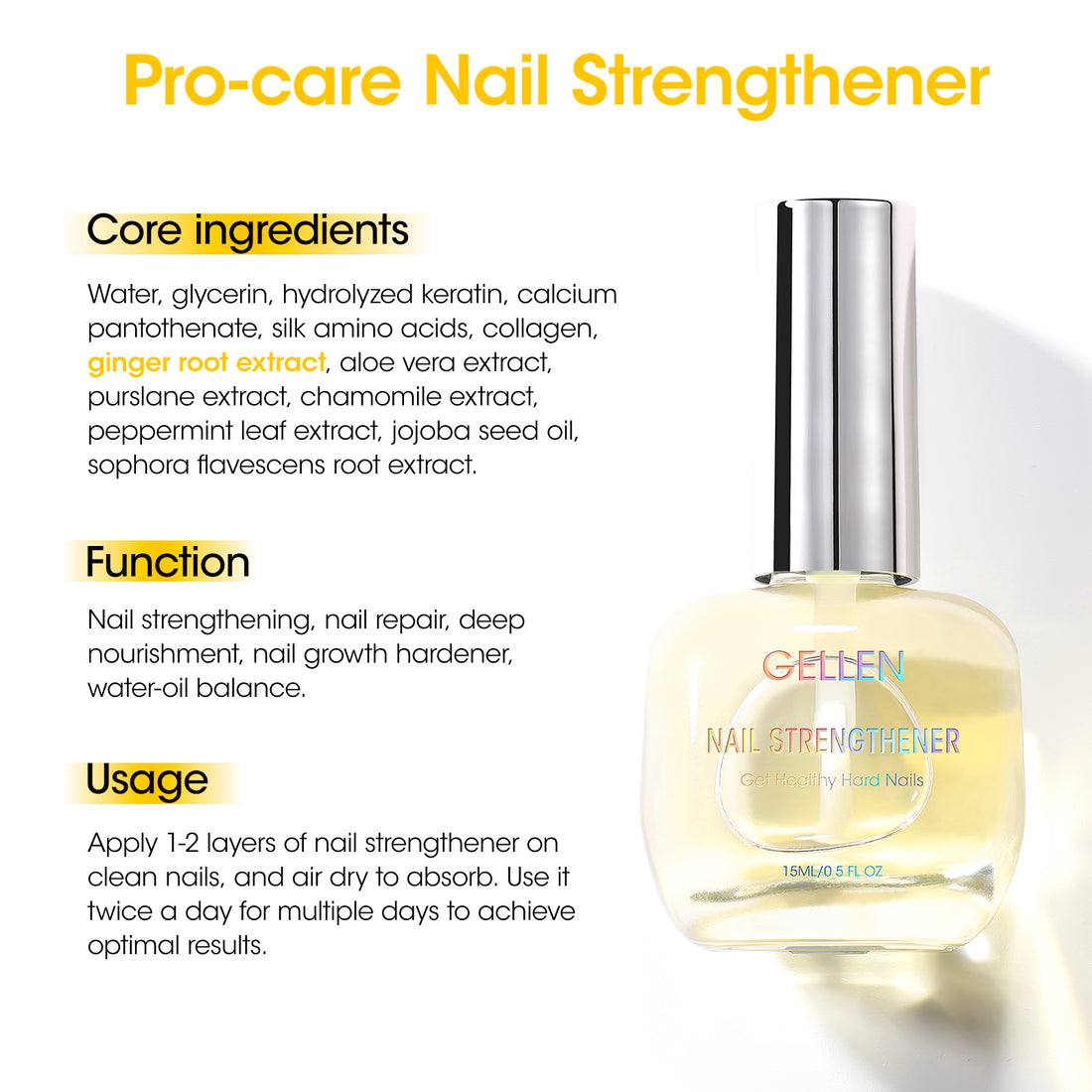 Gellen 15ml Nail Strengthener, Air Dry Clear Finish Nail Growth Strengthener for Thin Weak and Damaged Nails Repair Solution with Protein Keratin Calcium Nourish Nail Care Treatment, Ginger Scented