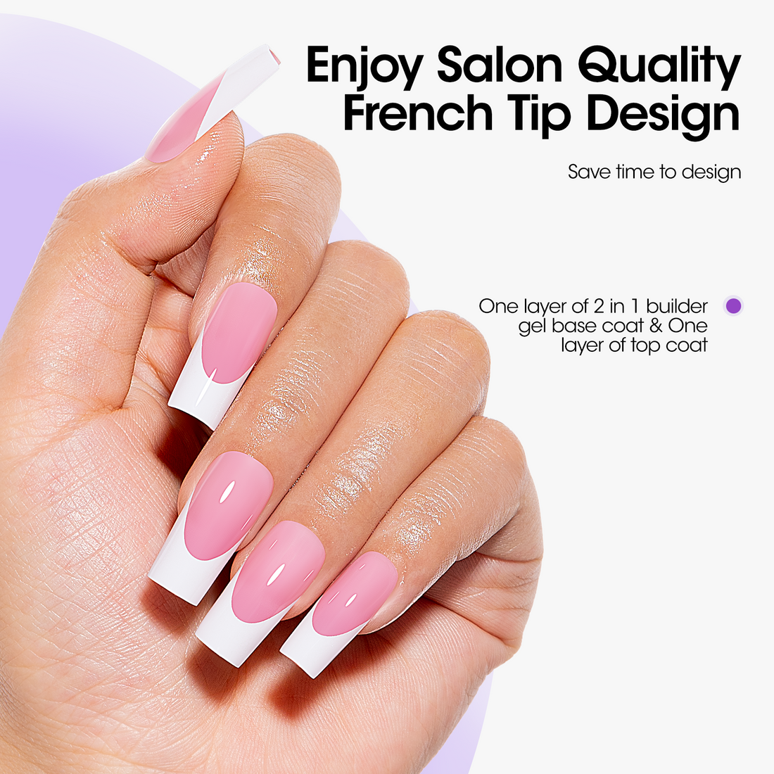 Gellen French Tips Gel Nail Kit - 240 Pcs Pink Long Square, Salon Acrylic Nail Kits Including Gel Top Coat and Base Coat, UV Lamp, Solid Nail Glue Gel, Nail Charms for French Tip Manicure