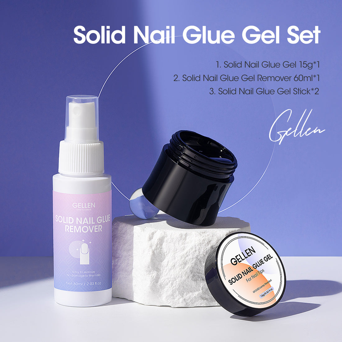 Gellen Nail Glue Gel for Fake Nails Tips, 1Pc 15g Solid Gel Nail Glue for Press ons Nails with 60ml Nail Glue Remover Set