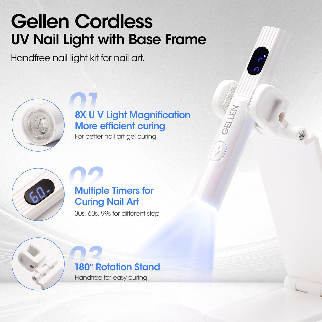 Gellen Portable Mini UV Light for Gel Nails, Handheld UV Nail Lamp with Base, 3 Timer Settings & LCD Display, Fingernails Curing Nail UV Light