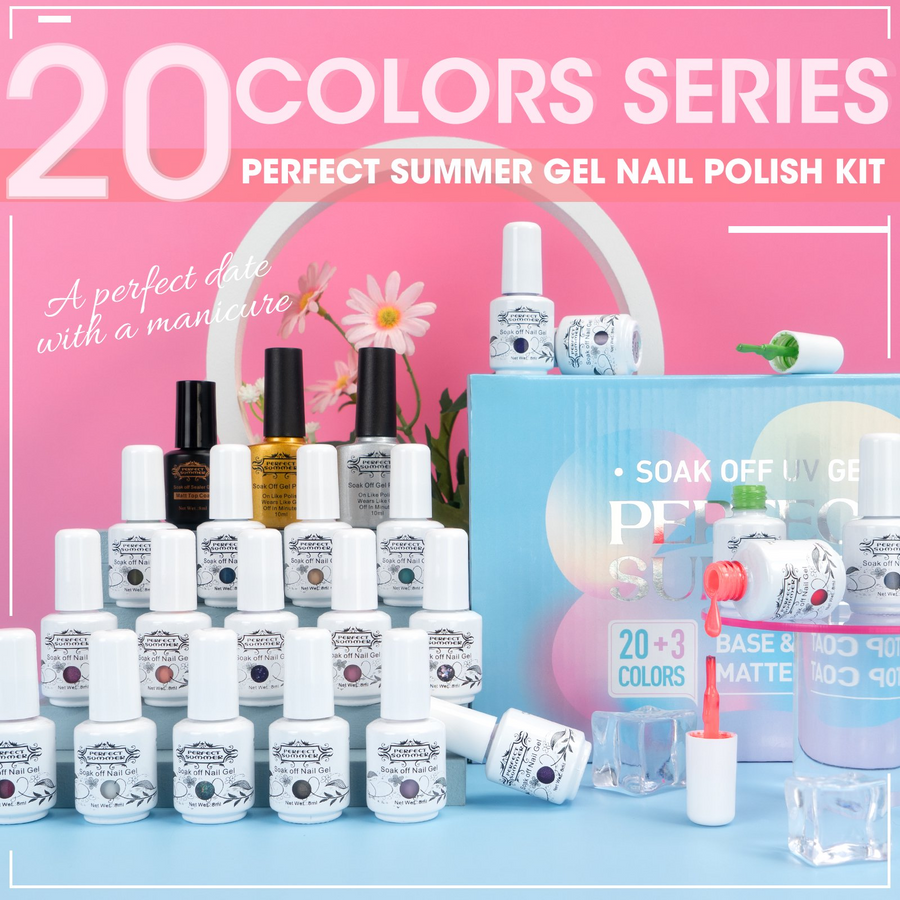 Perfect Summer Gel Nail Polish Kit, 20 Rainbow Neon Glitter Colors with No Wipe Glossy Matte Top Base Coat, Soak off UV Nail Gel Polish, Home Salon Gift for Girls Women