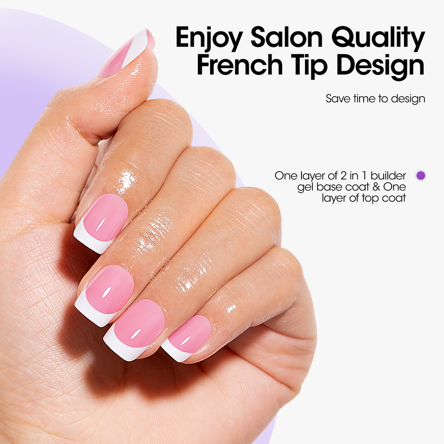 Gellen French Tips Gel Nail Kit - 240 Pcs Pink Short Square, Salon Acrylic Nail Kits Including Gel Top Coat and Base Coat, UV Lamp, Solid Nail Glue Gel, Nail Charms for French Tip Manicure