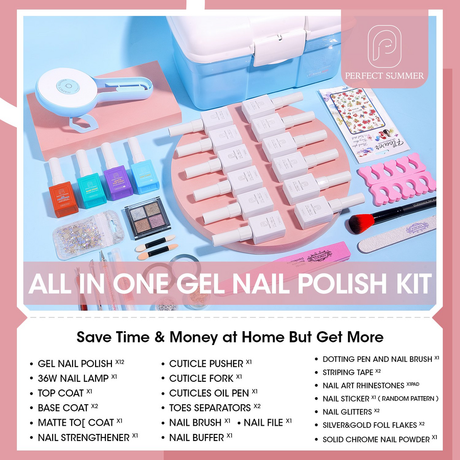 Perfect Summer Gel Nail Polish Kit with UV Lamp, Portable Nail Light Starter Kit with Storage Box, 12 Red Pink Brown Colors Gel Polish, All-in-One Manicure Kit, Gift Kit for Women Girls