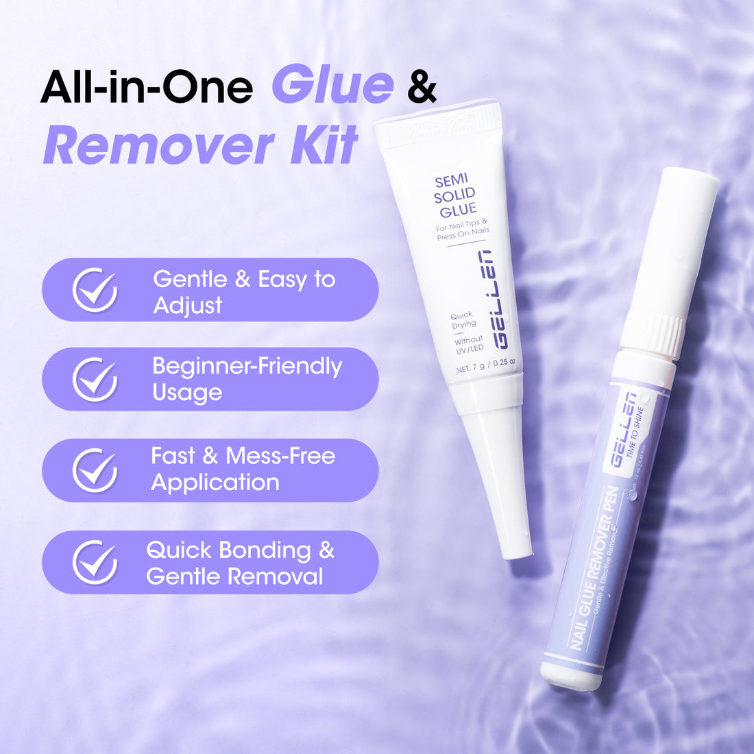 Gellen Lamp-Free Semi Solid Nail Glue for Press on Nails, Soak off Gel Nail Glue Remover for False Acrylic Nails, Super Strong Gel Glue Quick Removal Kit