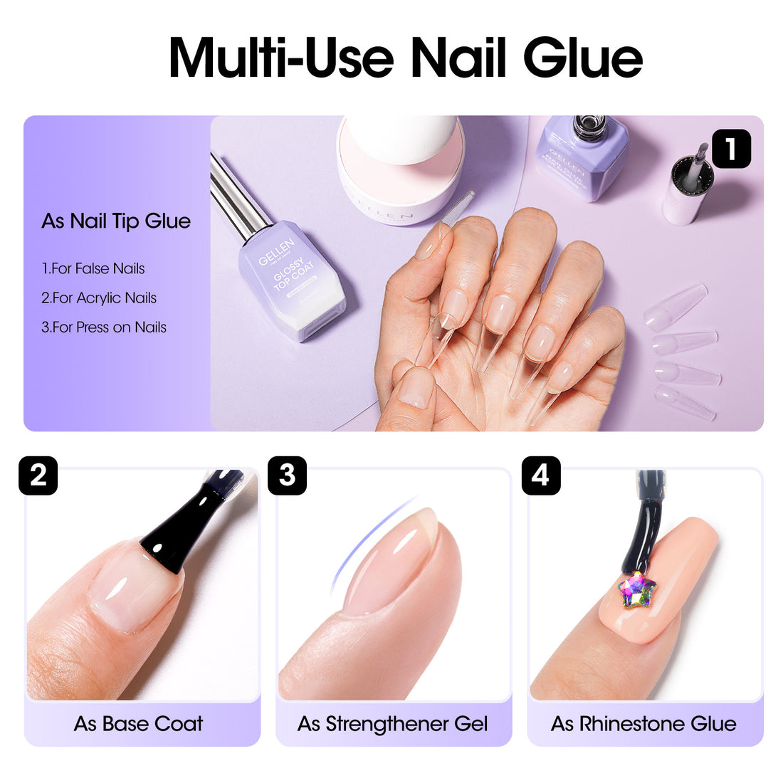 Gellen 4-in-1 18ML Nail Gel Glue for Nail Tips, UV Light Needed Nail Gel As Base Gel, As Rhinestone Glue for Nail Art, As Nail Tips Glue for Press on Acrylic and False Nails and As Strengthener Gel