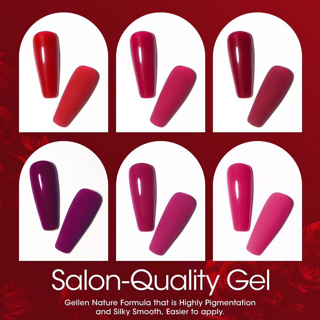 Gellen 6Pcs Gel Nail Polish Kit Magenta Reds Collection Soak off Nail Set Lamp Needed Gel Nail Polish Kit Gifts for Women