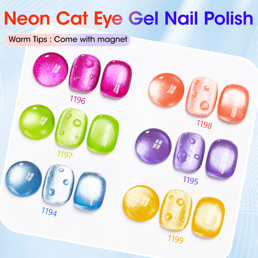 Gellen Neon Cat Eye Gel Nail Polish Set, 6Colors Purple Pink Green Blue Orange Shimmer Holographic Magnetic, 10ML UV Gel Polish Kit at Home
