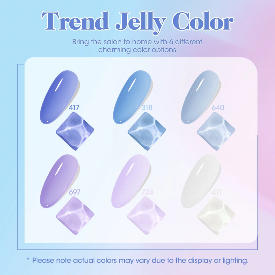 Gellen Jelly Gel Nail Polish Kit, Dreamy 6 Transparent Colors Blue Purple Gel Polish Set, Spring Summer Soak Off LED Gel Manicure DIY Nail
