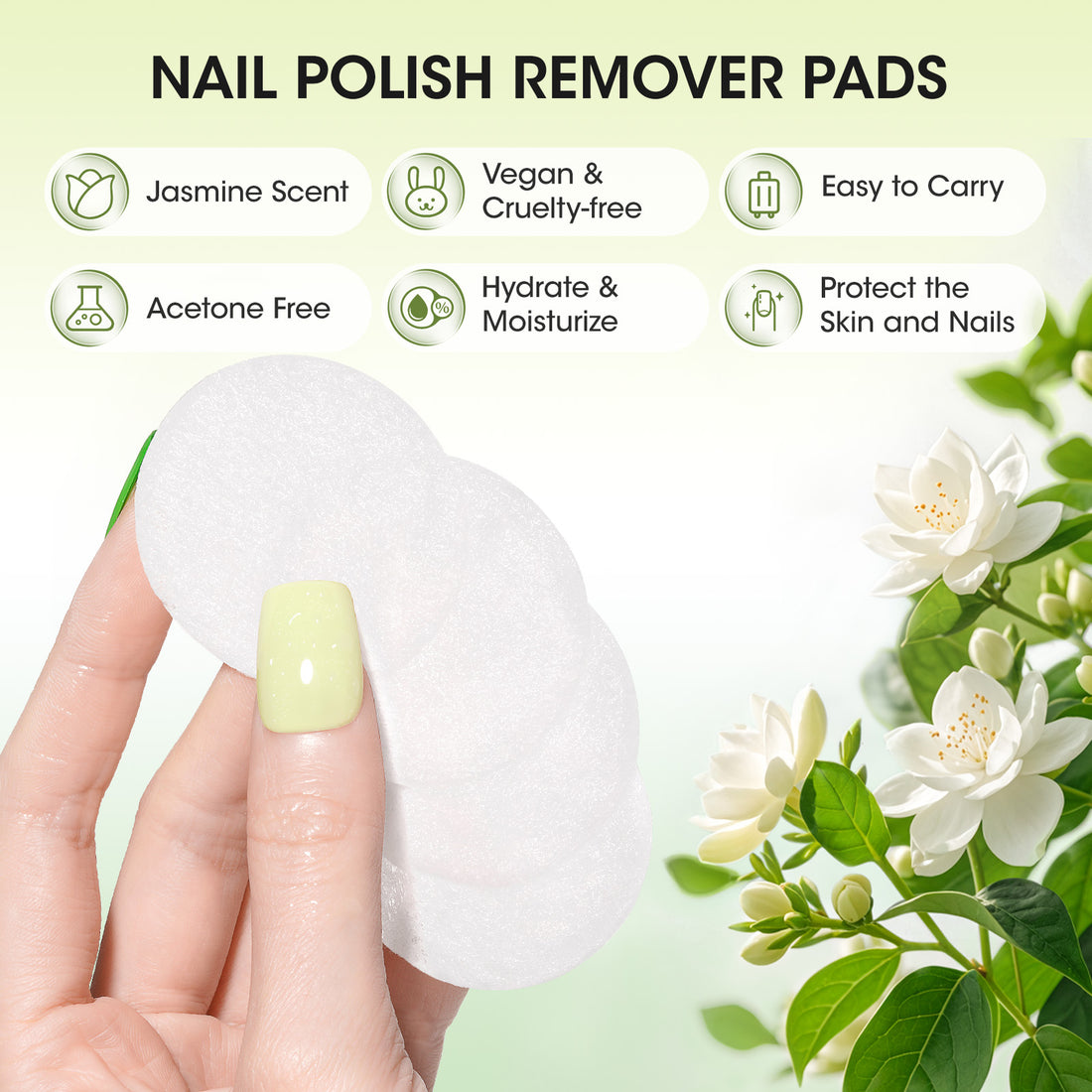 Gellen Acetone Free Nail Polish Remover Pads, 140Pcs Remover Wipes for for Acrylic Nails, Non-Acetone Travel Wets Bulk Set for Clearing Nail Lacquer Supplies, Jasmine Scent