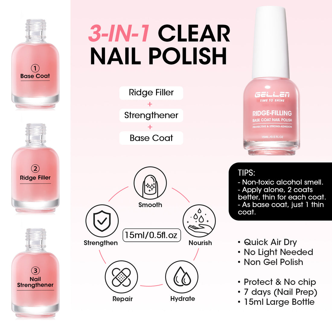 Gellen Base & Top Coat Nail Polish Set, Pink Nail Ridge Filler & High Shine Top Coat Duo, Nail Strengthener for Weak Damaged Nails, Quick Dry Chip Resistant Clear Nail Polish, HEMA Free