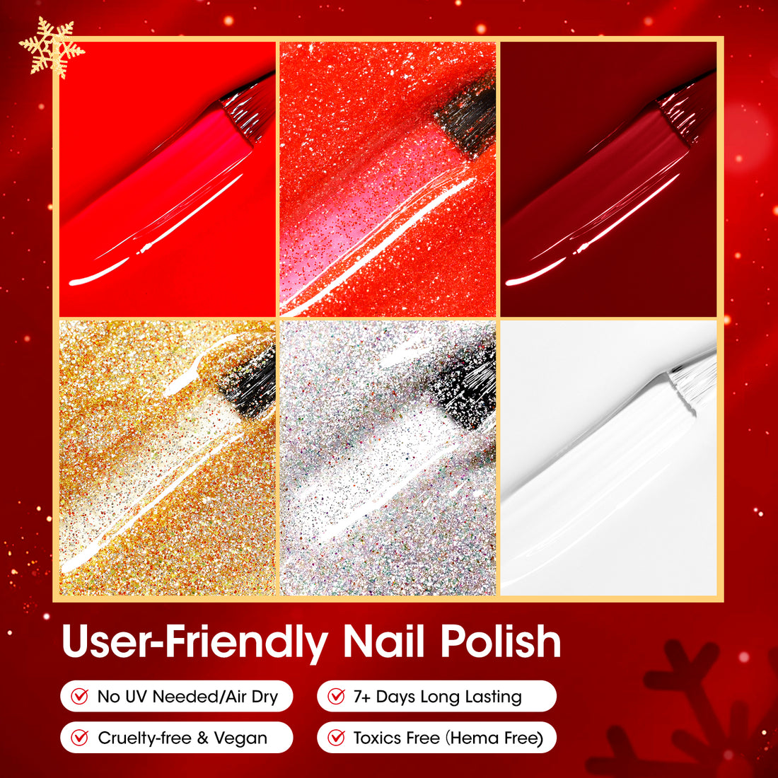 Gellen Quick Dry Nail Polish, 6Colors Christmas Red Gold Glitter Collection Regular Nail Polish Set No UV Light Needed for Finger Toe & Fake Nails Home Salon DIY Nail Art