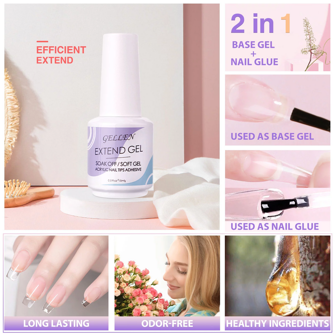 Gellen Nail Tips and Glue Gel Kit, False Nail Kit Easy Nail Extension Set with 240Pcs Full Matte Almond Gel Nail Tips, Nail Glue Base Gel and LED Nail Lamp