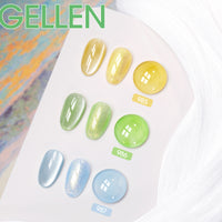 Gellen 6×8ml Gel Nail Polish Kit with Magnet, Natural 4 Effects Cat Eye & Blooming & Shimmer & Nude Gel Polish Set, Soak off Nail Gel At Home Salon Use, Yellow Green Blue Series