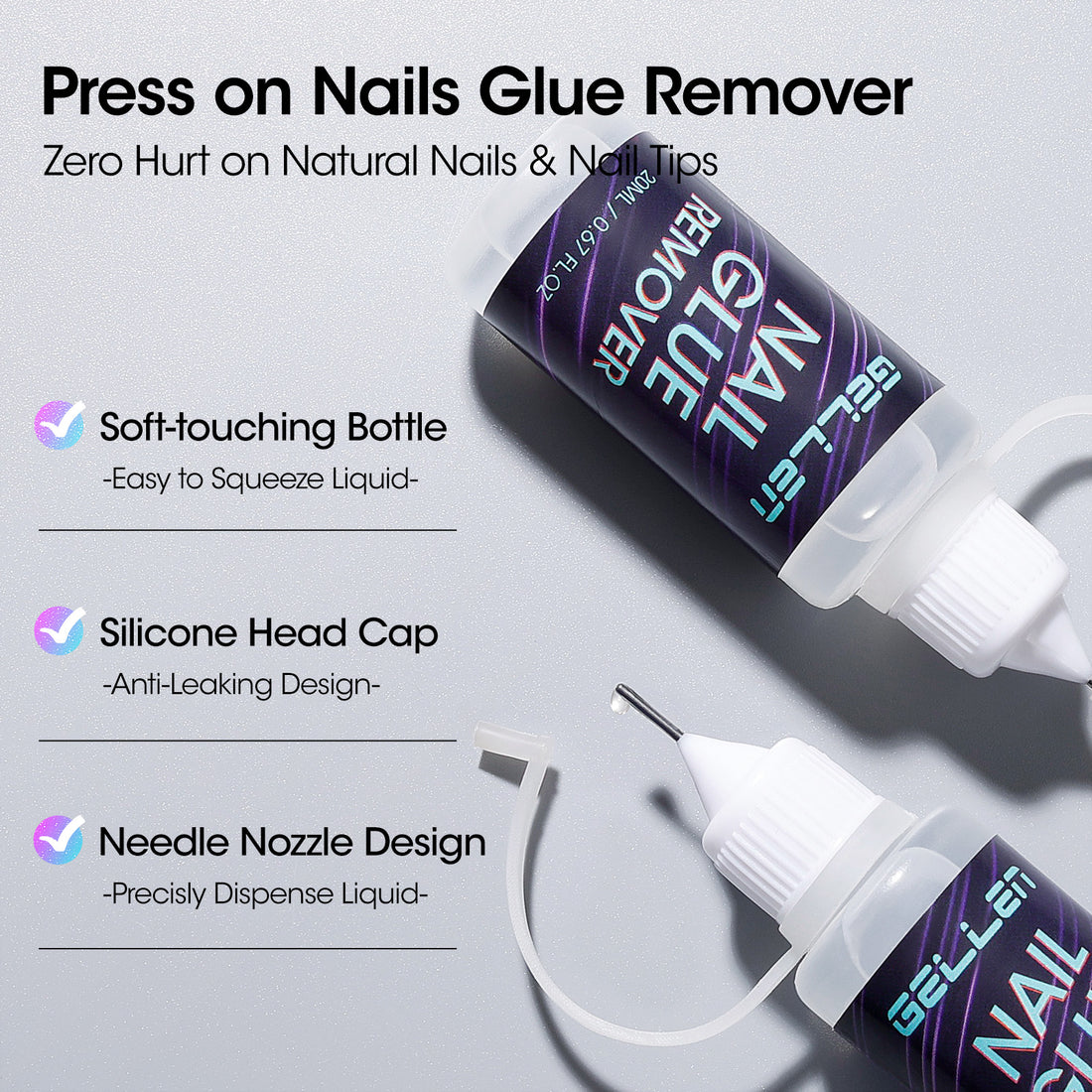 Gellen Nail Glue Remover, 20ML Needle Nozzle Non-Acetone Gel Nail Glue Remover for Press On Nails, Easy Remove Solid Nail Glue Gel On Fake Nail Tip
