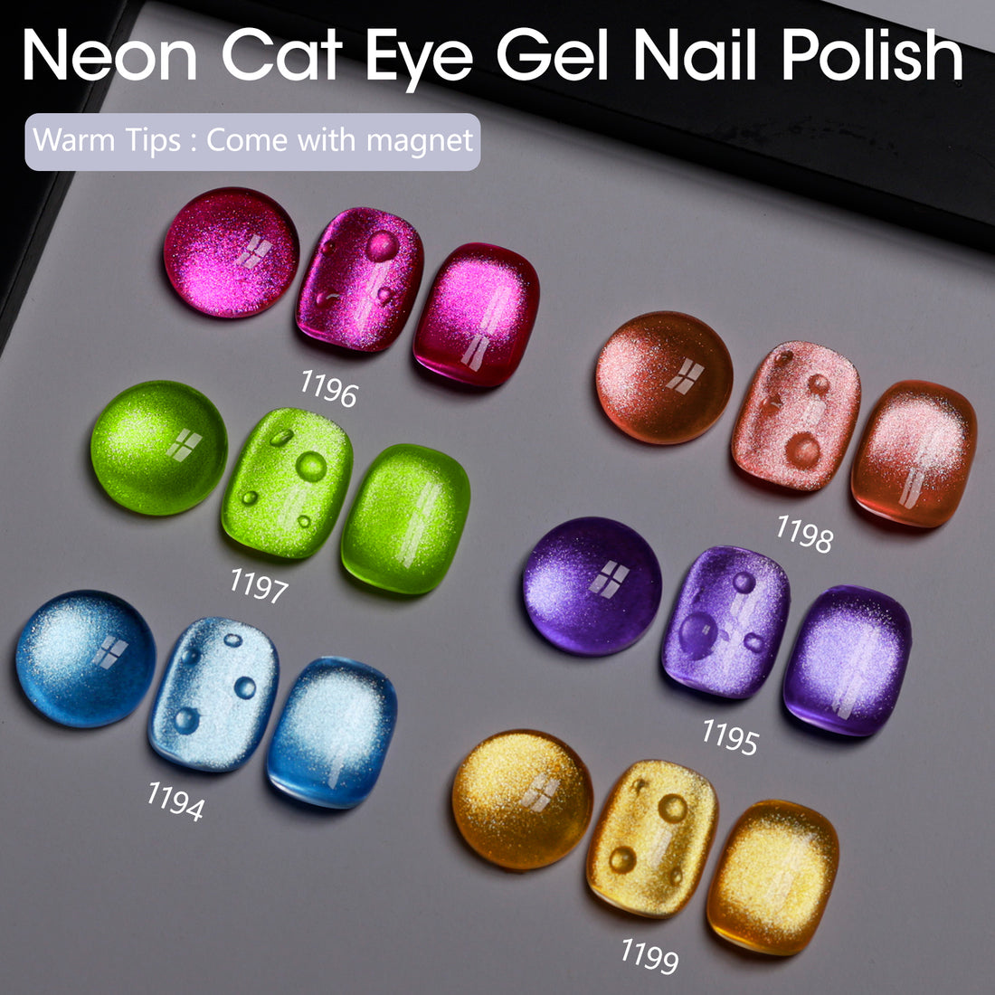 Gellen Neon Cat Eye Gel Nail Polish Set, 6Colors Purple Pink Green Blue Orange Shimmer Holographic Magnetic, 10ML UV Gel Polish Kit at Home