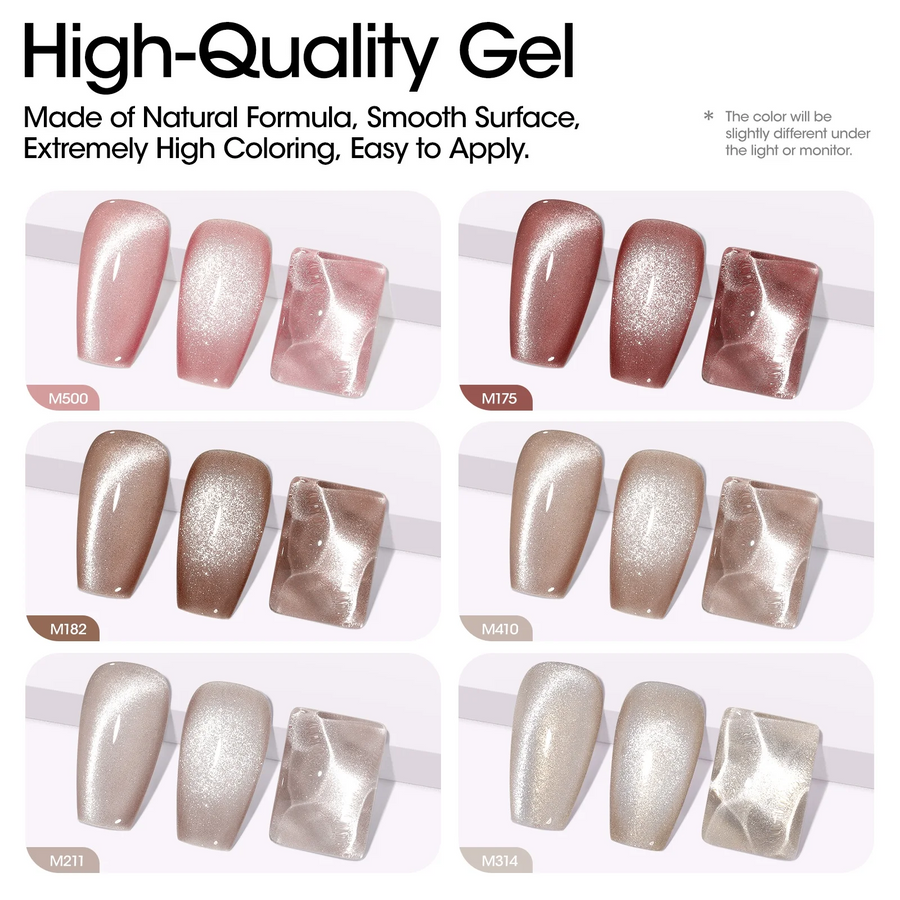 Gellen Cat Eye Gel Nail Polish Kit - Natural Nudes Series 6 Color Cat Eye Gel Polish Set, Soak off Nail Gel Home Salon Use 10ml