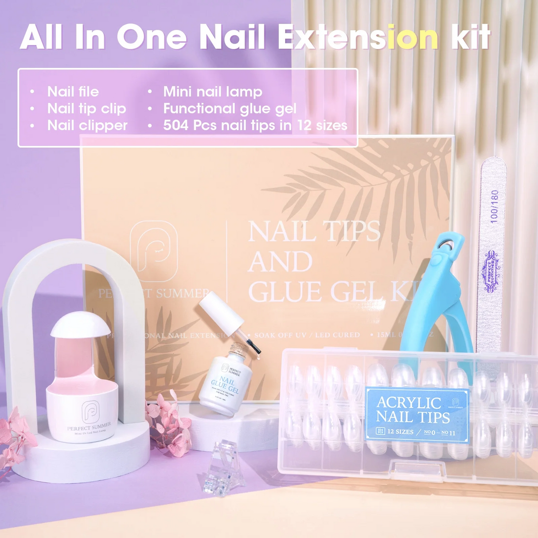 Perfect Summer Nail Tips and Glue Gel Kit, 504Pcs Almond Clear False Nail Tips, 3 in 1 Nail Glue Gel, Portable UV Nail Lamp, Gel Nail Extension Kit, Acrylic Nail Kit