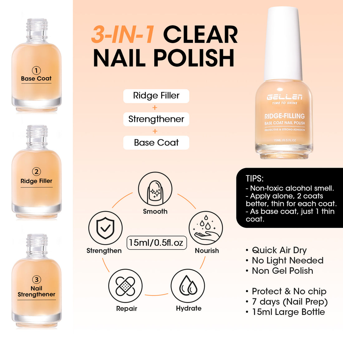 Gellen Base & Top Coat Nail Polish Set, Nude Nail Ridge Filler & High Shine Top Coat Duo, Nail Strengthener for Weak Damaged Nails, Quick Dry Chip Resistant Clear Nail Polish, HEMA Free