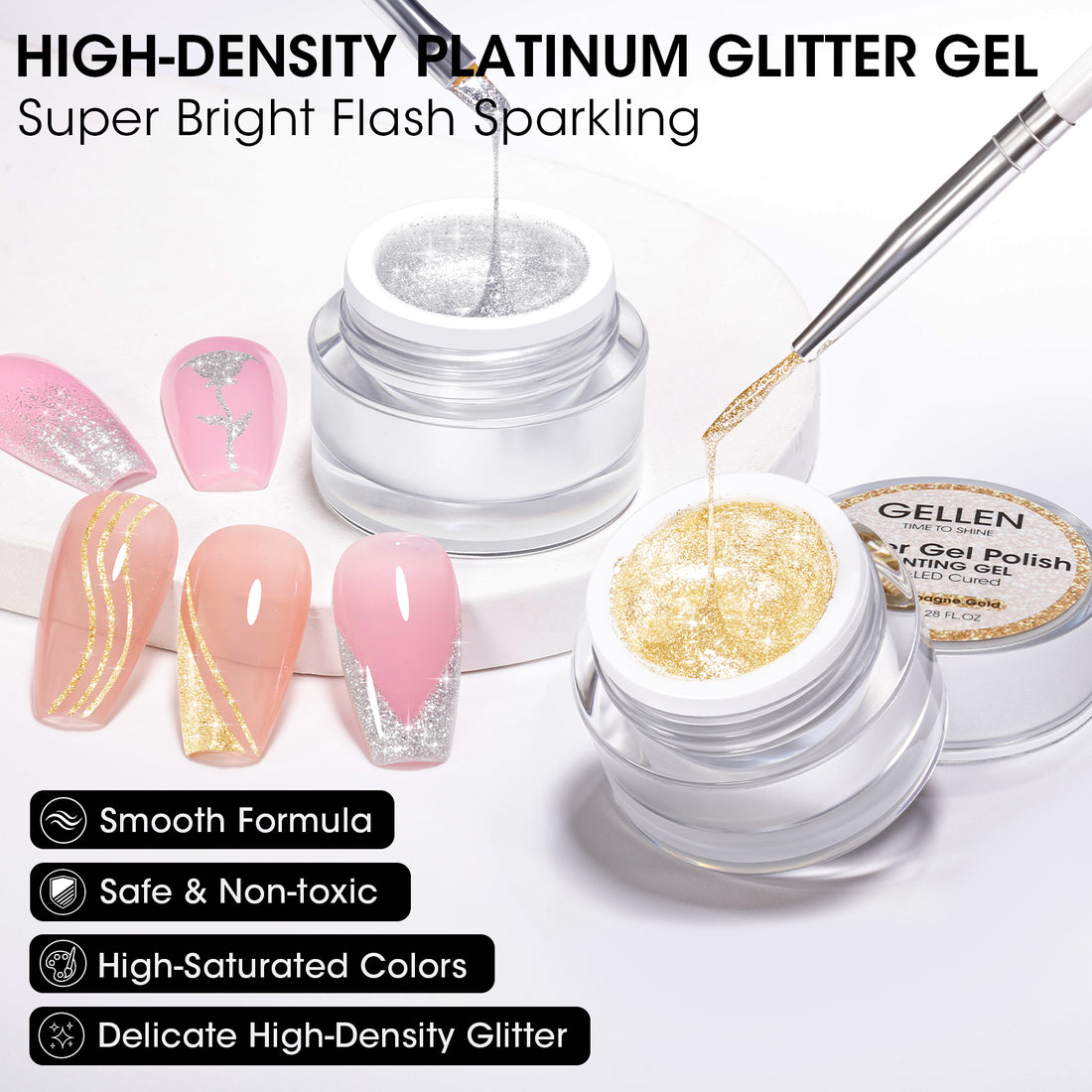 Gellen Glitter Gold&Sliver Gel Polish, Metal Platinum Reflective Painting Gel for Nails Drawing French-tip Floral Painted Liner Soak off UV/LED Cured for Salon DIY Nail Art
