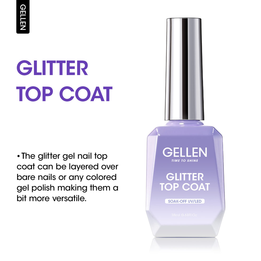 Gellen Glitter Gel Top Coat, 18ML No Wipe Glitter Gel Top Coat, Clear UV Top Coat Gel Nail Polish, Soak Off Nail Lamp Gel Base Top Coat Nail Art Home Manicure