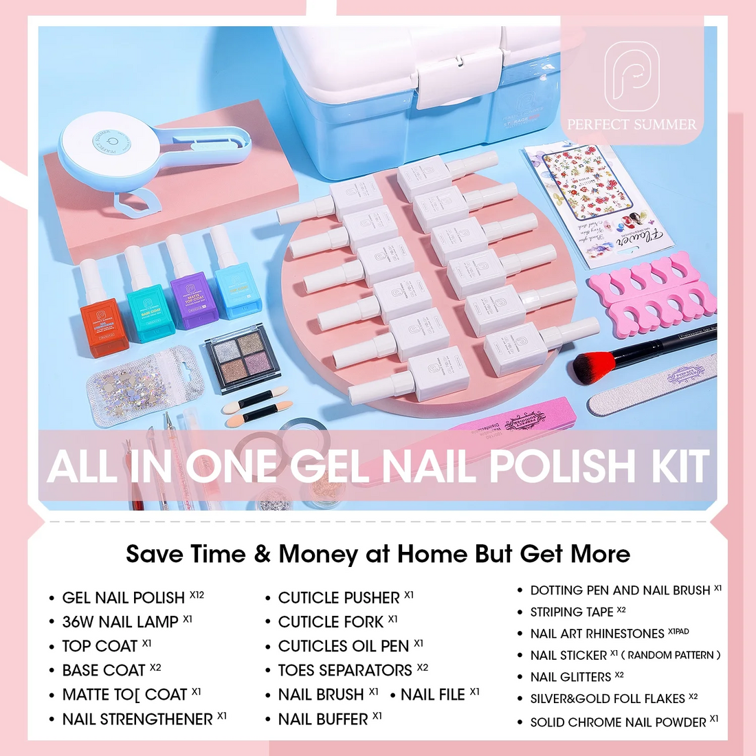 Perfect Summer Gel Nail Polish Kit with UV Lamp, Portable Nail Light Starter Kit with Storage Box, Base Top Coat Nail Strengthen gel, 12 Nude Pink Brown Grey Colors, All-in-One Manicure Set