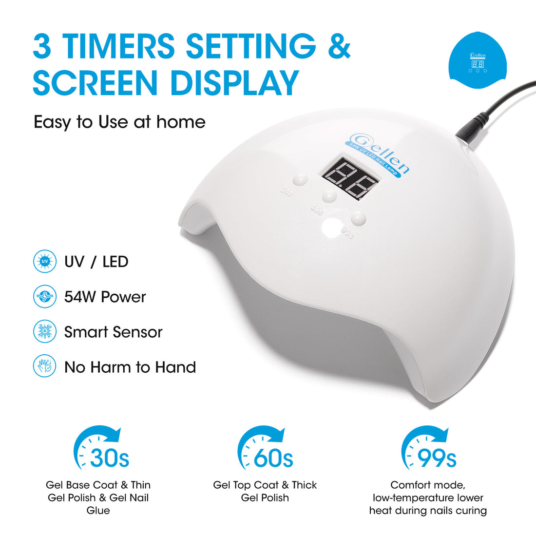 Gellen 54W UV Nail Lamp with Auto Sensor LCD Display, 3 Timers LED Nail Lamp for Cure Gel Polish, 18 Beads Fast Curing Nail Dryer, Salon Home Use, White