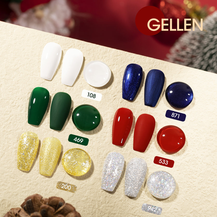 Gellen Gel Nail Polish Set, 6 Colors Snow White Green Classic Red Glitter Gold Silver Dark Blue Gel Polish Nail Art Gifts for Women