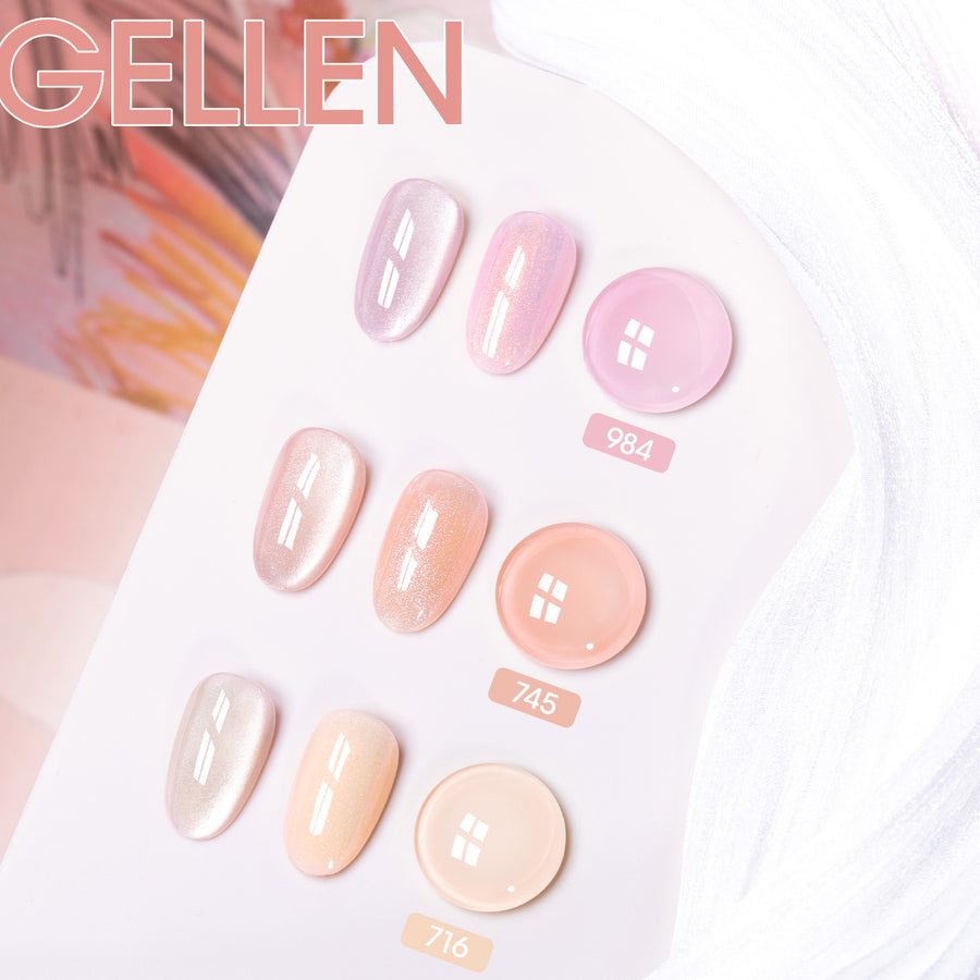 Gellen 6×8ml Gel Nail Polish Kit with Magnet, Natural 4 Effects Cat Eye & Blooming & Shimmer & Nude Gel Polish Set, Soak off Nail Gel At Home Salon Use, Orange Yellow Pink Series