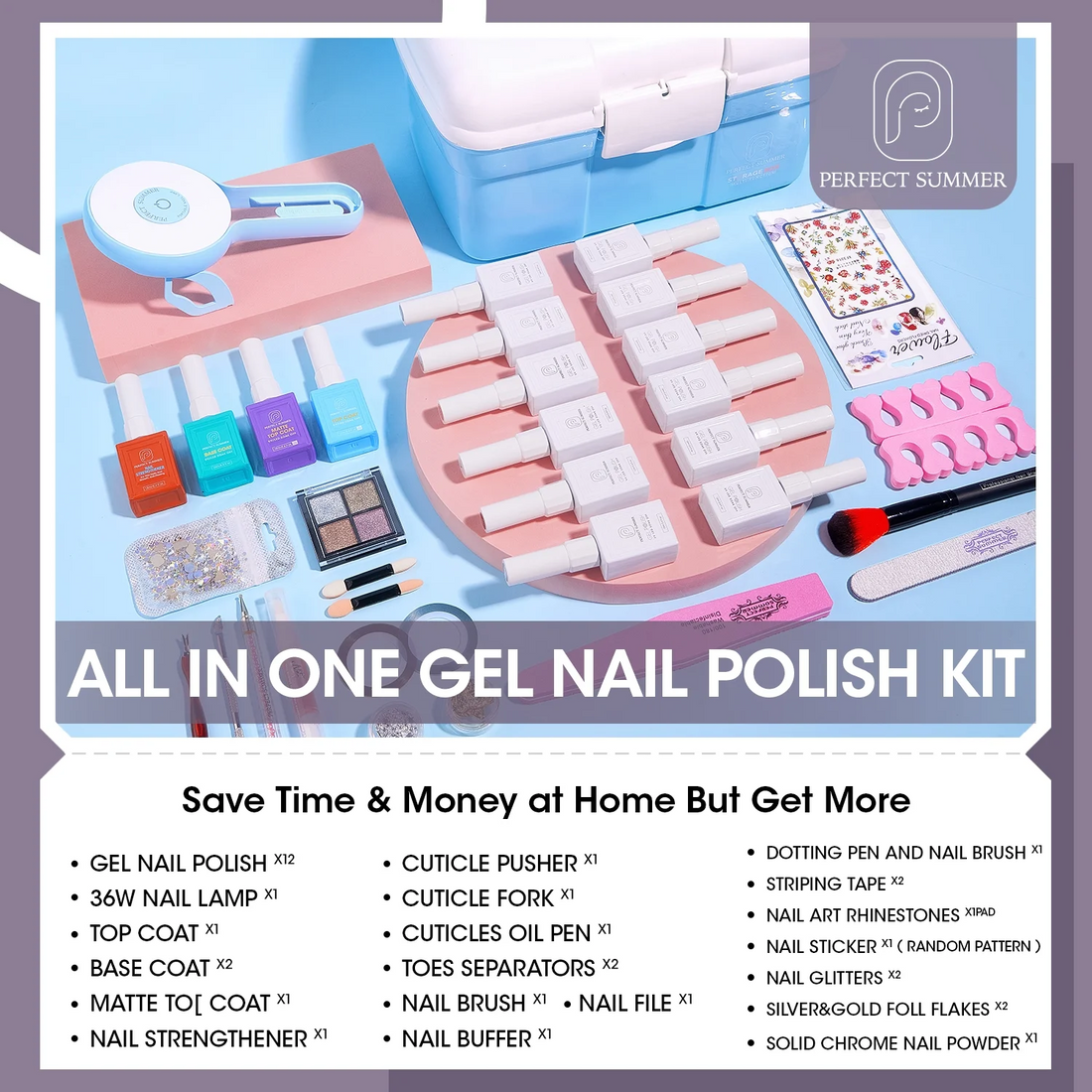 Perfect Summer Gel Nail Polish Kit with UV Lamp, Portable UV Nail Light Starter Kit with Storage Box, 12 Glitter Red Grey Colors Gel Nail Kit, All-in-One Manicure Kit, Gift Set for Women Girls