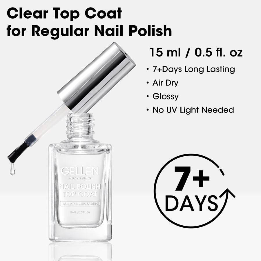 Gellen Clear Top Coat for Regular Nail Polish with Organic Calcium, Quick Air Dry Long Lasting No Wipe Glossy Nail Top Coat for Nail Manicure Salon Home, Chip Resistant, No UV Light Needed, 15ml