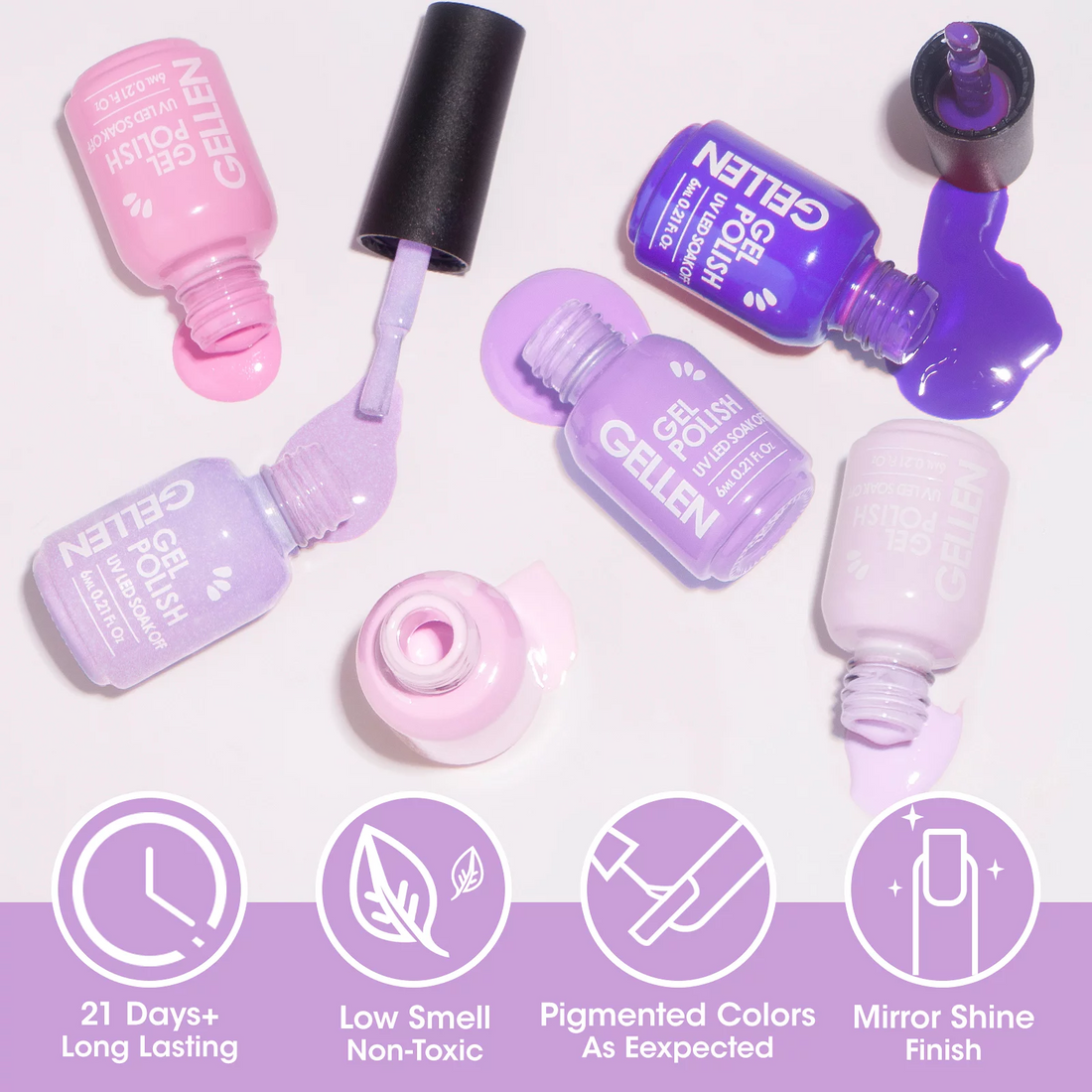 Gellen Gel Nail Polish Kit - 6 Colors Lavenders Series with Violet, Lilac, Rose, Pink Popular Nail Gel Colors for DIY Home Gel Manicure Set Nail Art
