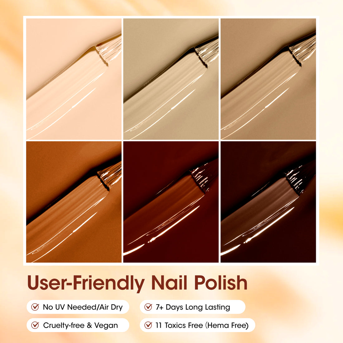 Gellen Quick Dry Nail Polish, 6Colors Neutral Coffee Brown Gradient Collection Regular Nail Polish Set No UV Light Needed for Finger Toe & Fake Nails Home Salon DIY Nail Art